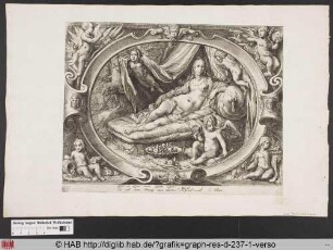 Venus am Fuße eines Baumes auf einem Bett liegend mit Amor, umgeben von einem Rahmen und Amoretten.