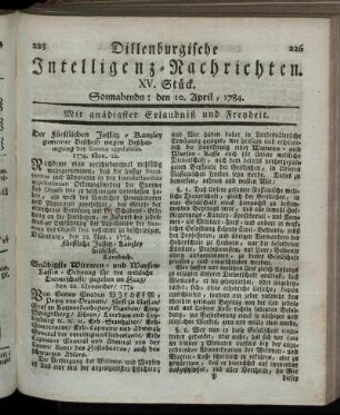 XV. Stück. Sonnabends: den 10. April, 1784.