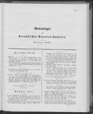 Genealogie der Europäischen Regenten-Familien. Februar 1893.