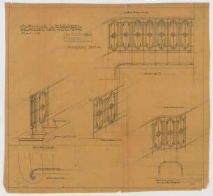 Thiersch, Friedrich von; Wiesbaden; Kurhaus - Geländer Nordtreppe (Grundriss, Ansicht, Abwicklungen, Austritt)