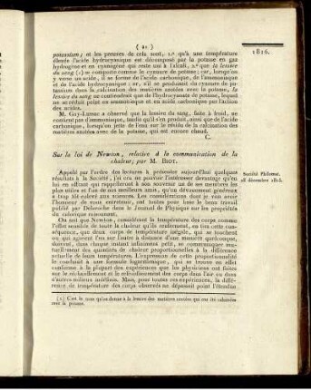 Sur la loi de Newton, relative à la communication de la chaleur;
