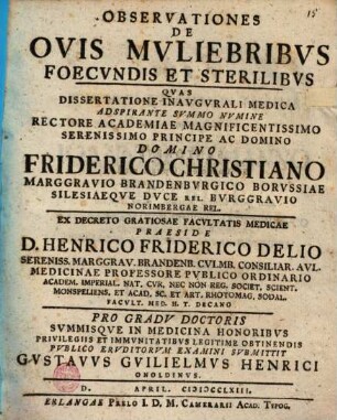 Observationes de ovis mvliebribvs foecvndis et sterilibvs
