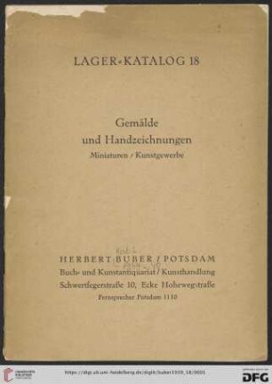 Nr. 18: Lager-Katalog: Gemälde und Handzeichnungen : Miniaturen /