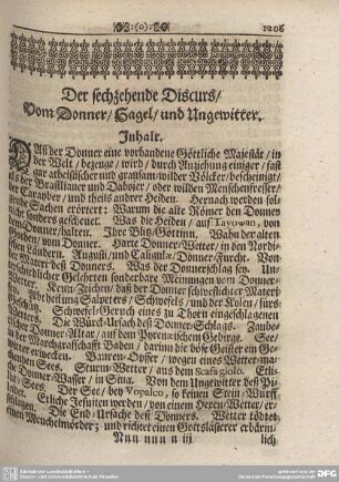 Der sechzehende Discurs/ Von Donner/ Hagel/ und Ungewitter.