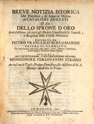 Breve Notizia istorica del Pontificio ... de'Cavalieri Aureati