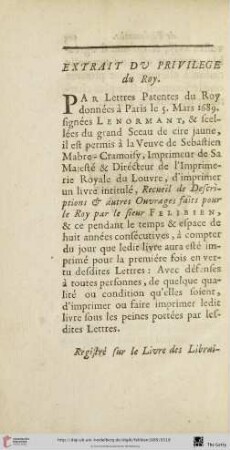 Extrait du privilege du Roy