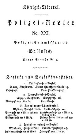 Königs= Viertel. Polizei= Revier No. XXI.