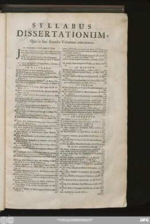 Syllabus Dissertationum, Quae in hoc secundo Volumine continentur.