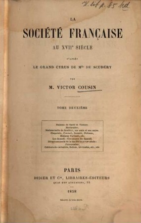 La société française au XVIIe siècle : d'après le Grand Cyrus de Mlle de Scudéry, 2