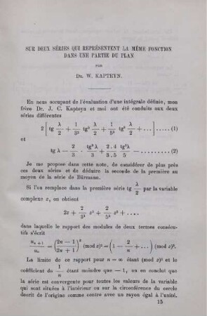 Sur deux séries qui repesentent la même fonction dans une partie du plan.