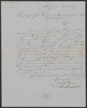 Brief an Franz Schott und Kommittee für das Mittelrheinische Musikfest , Mainzer Liedertafel : 19.07.1860