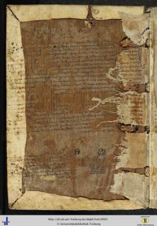 Spiegel mit Leimabdruck des Fragments einer lateinischen Pergamenturkunde des 15. Jhs (Notariatssignet: sitzender Hund).