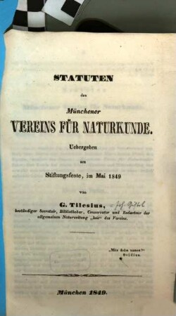 Statuten des Münchener Vereins für Naturkunde : übergeben am Stiftungsfeste, im Mai 1849