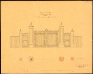 Herrschaftliches Wohnhaus, Belmsdorf Umbau: Grundstückstor in Grundriss und Aufriss, Maßstabsleiste 1:25