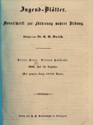 Jugendblätter. 1852,[2] = Juli - Dez. = Ser. 3, Halbj. 3 = Bd. 33