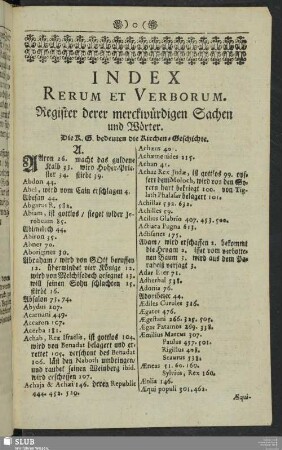 Index Rerum Et Verborum. Register derer merckwürdigen Sachen und Wörter
