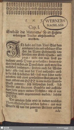 Cap. I. Enthält die Materien, so in gegenwärtigen Tractat abgehandelt werden