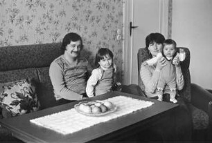 Familie F. (Elektromonteur, Finanzbuchhalterin) in ihrem Wohnzimmer