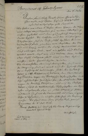 Vorschlag Münchhausens zur Abhaltung eines Collegium Encyclopaedicum in jeder Fakultät durch die Professoren Richter (Medizin), Gesner (Philosophie und Geschichte), Feuerlein (Theologie), Pütter (Jura) und Kästner (Mathematik).