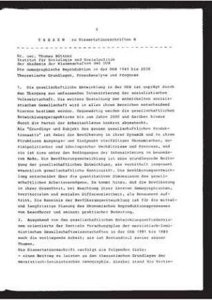 Die demographische Reproduktion in der DDR 1949 bis 2030 : theoretische Grundlagen, Prozeßanalyse und Prognose ; Thesen zur Dissertationsschrift B