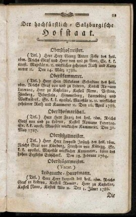 Der hochfürstlich-Salzburgische Hofstaat. - Hochfürstl. Generaleinnehmer- und Hofzahlamt.