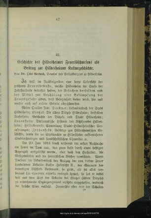 III. Geschichte des Hildesheimer Feuerlöschwesens als Beitrag zur Hildesheimer Kulturgeschichte