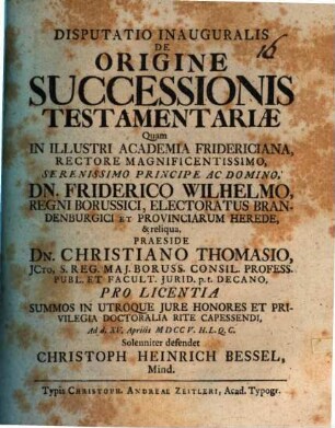 Disputatio Inauguralis De Origine Successionis Testamentariae