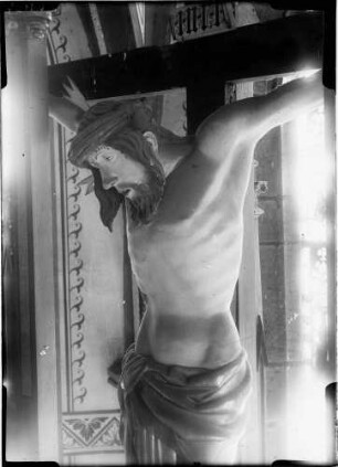 Tiefenbronn Katholische Kirche Sankt Maria Magdalena Hochaltar (1469) von Hans Schüchlin Kruzifix aus der Kreuzigungsgruppe - Nahaufnahme von Jesus