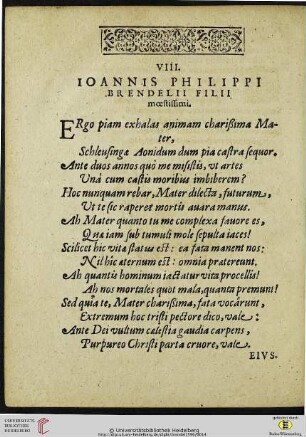 VIII. Ioannis Philippi Brendelii filii moestissimi