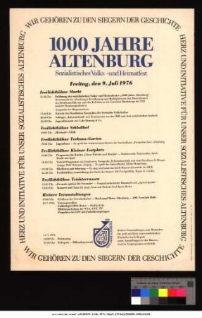 Originaltitel: 1000 Jahre Altenburg Sozialistisches Volks- und Heimatfest Freitag, den 9. Juli 1976