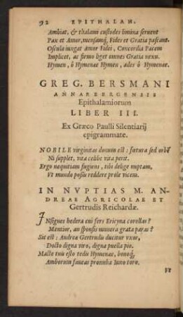 Greg. Bersmani Annaebergensis Epithalamiorum Liber III.