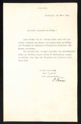 Schreiben E. Fraas an Wilhelm II (Kaiser von Deutschland und König von Preußen)