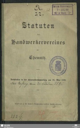 1880: Statuten des Handwerkervereines zu Chemnitz