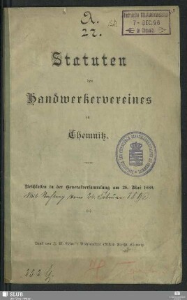 1880: Statuten des Handwerkervereines zu Chemnitz