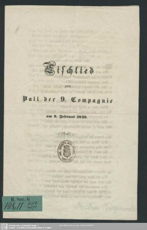 Tischlied zum Ball der 9. Compagnie am 9. Februar 1849