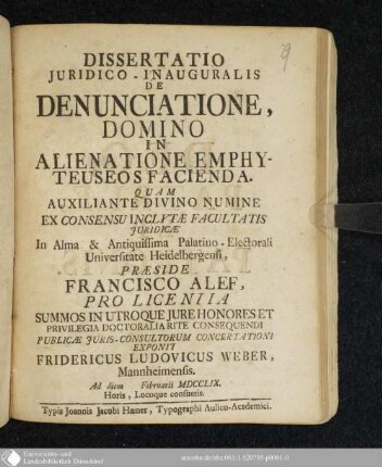 Dissertatio Juridico-Inauguralis De Denunciatione, Domino In Alienatione Emphyteuseos Facienda