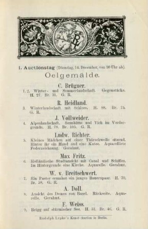 I. Auctionstag (Dienstag, 14. December, von 10 Uhr ab). Oelgemälde