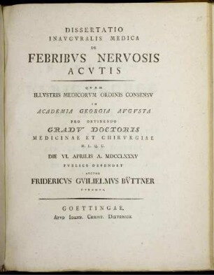 Dissertatio Inauguralis Medica De Febribus Nervosis Acutis