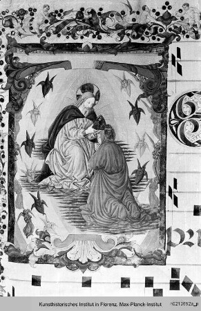 Antiphonar : Buchseite mit Randbordüre und historisierter Initiale T: Marienkrönung