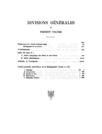 Divisions Génèrales du Présent Volume