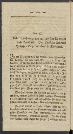 No. IX. Ueber das Evangelium am zwölften Sonntage nach Trinitatis. Von Christian Friedrich Fritzsche, Superintenden in Dobrilugk