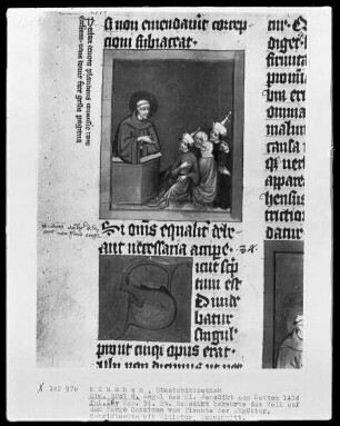 Regel des heiligen Benedikt — Zwei Miniaturen zu der Legende des heiligen Benedikt, Folio 26verso — Der heilige Benedikt bekehrt das Volk auf dem Berg Cassinus, Folio 26verso