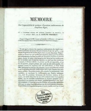 Mémoire. Sur l'impossibilité de quelques Èquations indéterminées du cinquième degré.