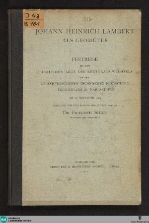 Johann Heinrich Lambert als Geometer : Festrede ... am 18. November 1904