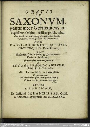 Oratio de Saxonum, gentis inter Germanicas antiquissimae ...