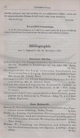 Bibliographie vom 1. September bis 30. November 1871.