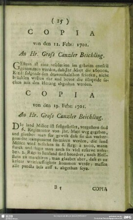 Copia von den 19. Febr: 1701