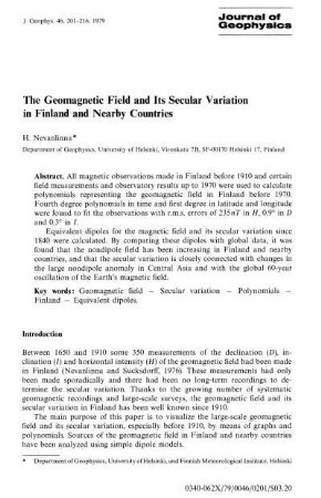 The geomagnetic field ans its secular variation on Finland and Nearby Countries