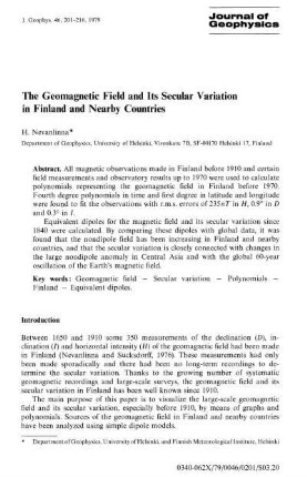 The geomagnetic field ans its secular variation on Finland and Nearby Countries