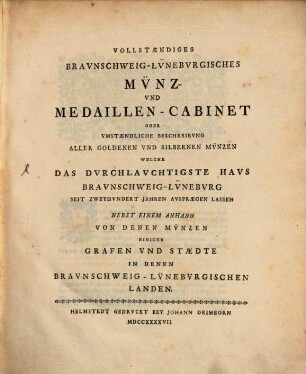 Vollständiges Braunschweigisch-Lüneburgisches Münz- und Medaillen-Cabinet